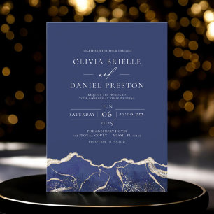 Invitation Marine Blue Gold Agate Élégant Mariage moderne