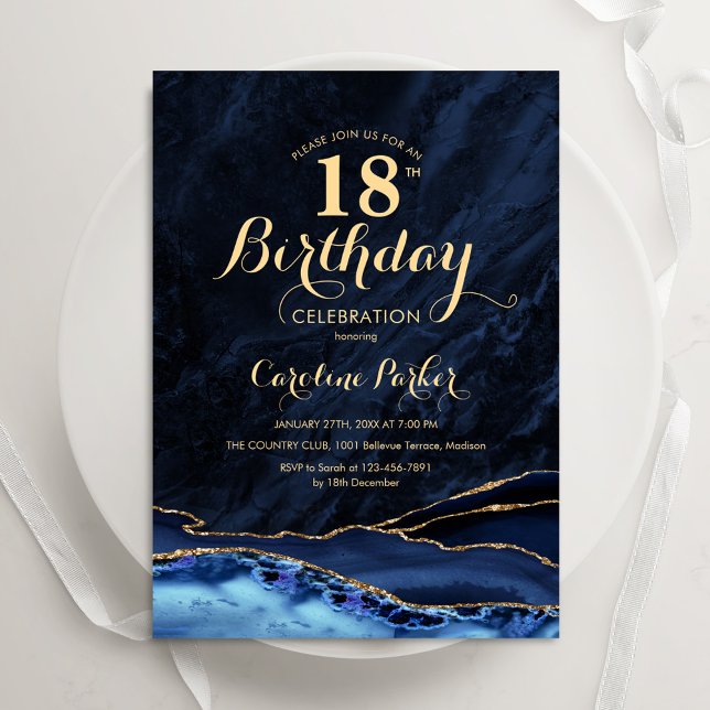Invitation Marine Blue Gold Agate Marbre 18e anniversaire (Créateur téléchargé)