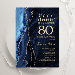 Invitation Marine Blue Gold Agate Surprise 80e anniversaire