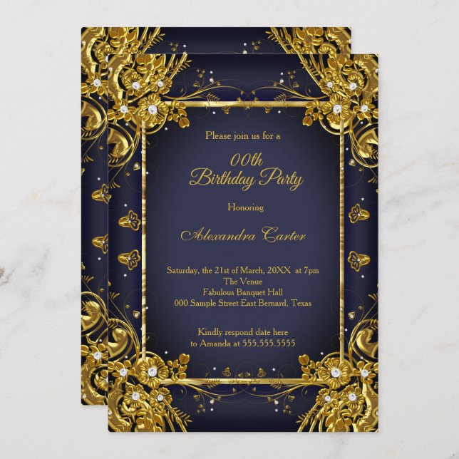 Invitation Marine Blue Gold Anniversaire Photo Diamond Gem (Devant / Derrière)