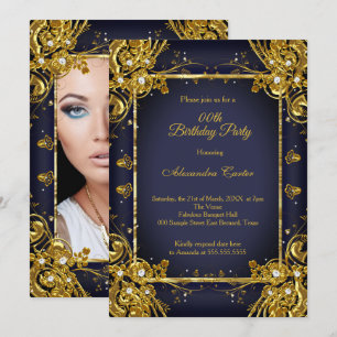 Invitation Marine Blue Gold Anniversaire Photo Diamond Gem