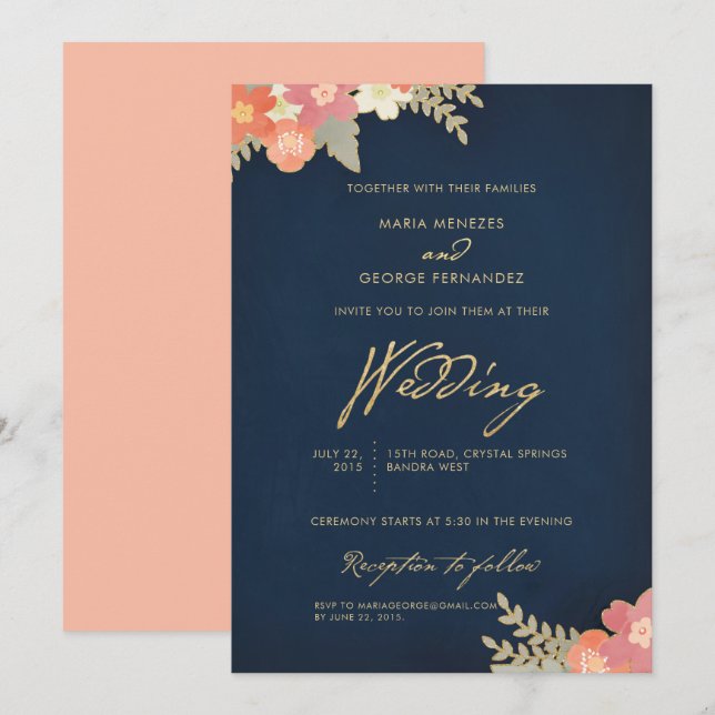 Invitation Marine Blue Gold Blush Peach Mariage Invi (Devant / Derrière)