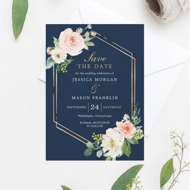 Invitation Marine Blue Gold Blush Wedding Enregistrer La Cart (Créateur téléchargé)