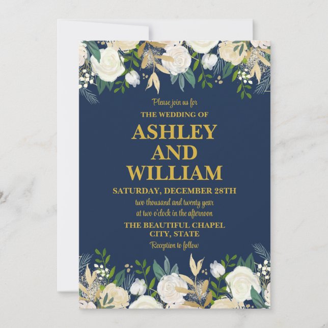 Invitation Marine Blue Gold Boho Bohemian Chic Greenery Maria (Devant)