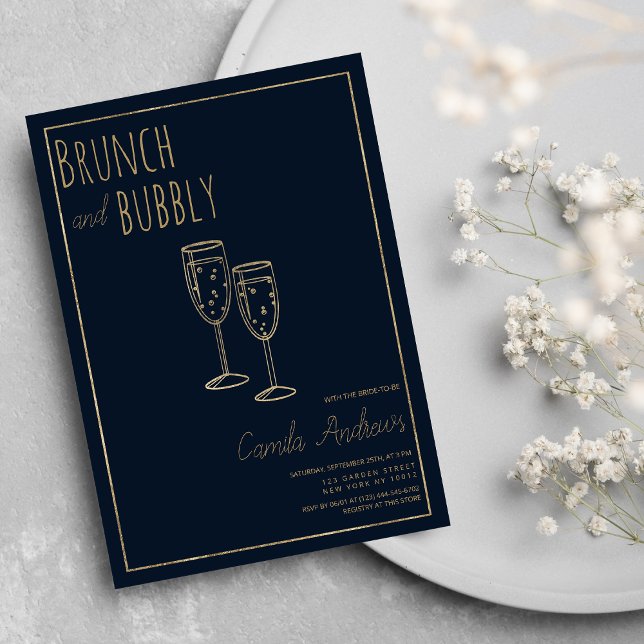 Invitation Marine Blue Gold Brunch et Bubbly Fête des mariées (Navy Blue Gold Brunch and Bubbly Bridal Shower)