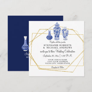 Invitation Marine Blue Gold Chinoiserie Chinoise Poterie Vint