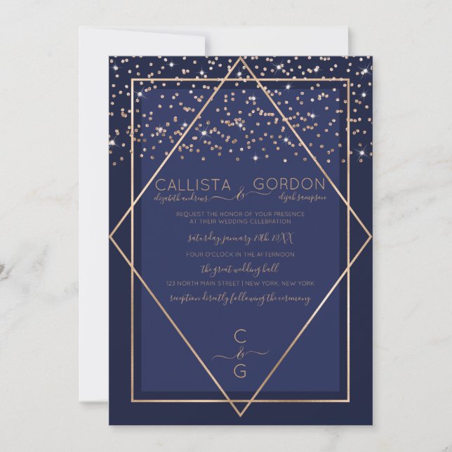Invitation Marine Blue Gold Confetti Geo Mariage frontière (Devant)