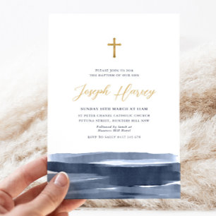 Invitation Marine Blue Gold Cross Boys Baptême Christening
