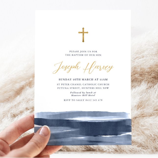 Invitation Marine Blue Gold Cross Boys Baptême Christening (Navy Blue Watercolor and Gold Boys Baptism Invitation)
