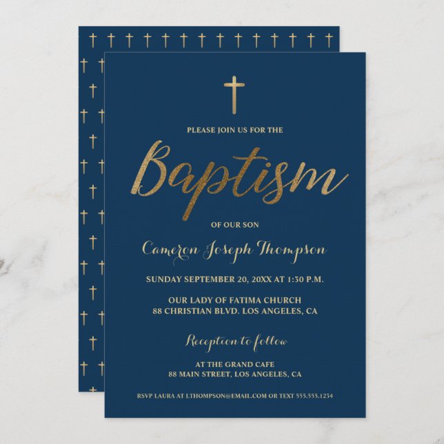 Invitation Marine Blue Gold Cross Custom Baby boy Baptême (Devant / Derrière)