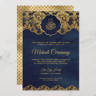 Invitation Marine Blue Gold Dentelle or islamique Mehndi