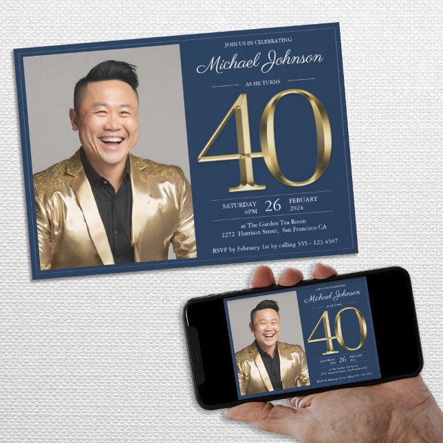 Invitation Marine Blue Gold Elegant Photo 40th Birthday Party (Navy Blue Gold Elegant Photo 40th Birthday Party Invitation)