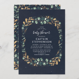 Invitation Marine Blue Gold et Green Vintage Baby shower