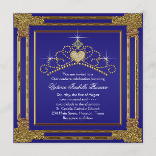 Invitation Marine Blue Gold et Tiara Sweet 15 Quinceanera
