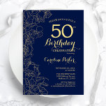 Invitation Marine Blue Gold Floral 50e fête d'anniversaire<br><div class="desc">Invitation à la fête du 50e anniversaire de la Marine Blue Gold Floral. Design moderne minimaliste avec accents de dessin botanique, fausse feuille d'or et police de script de typographie. Carte invitation simple et tendance, parfaite pour une célébration anniversaire élégante. Peut être customisé à n'importe quel âge. Invitations Zazzle imprimées...</div>