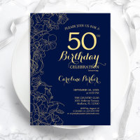 Marine Blue Gold Floral 50e fête d'anniversaire