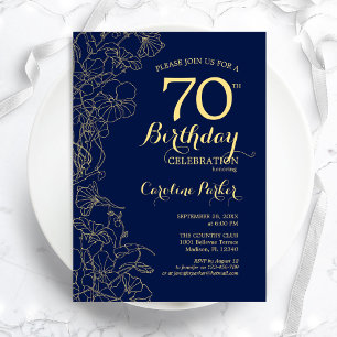 Invitation Marine Blue Gold Floral 70e fête d'anniversaire