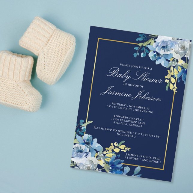 Invitation Marine Blue Gold Floral Élégant Baby shower (Créateur téléchargé)