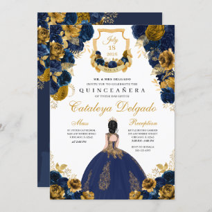 Invitation Marine Blue & Gold Floral Elegant Quinceañera
