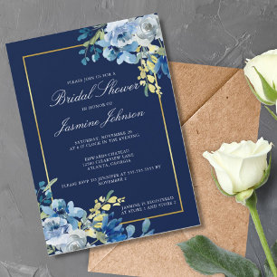 Invitation Marine Blue Gold Floral Fête des mariées élégante