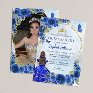 Invitation Marine Blue Gold Floral Princesse Quinceañera Phot