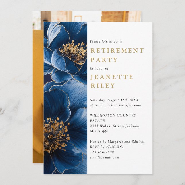 Invitation Marine Blue Gold Floral Retraite Party Photo (Devant / Derrière)