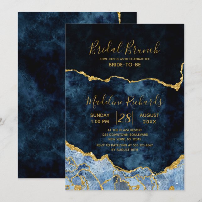 Invitation Marine Blue Gold Foil Agate Bridal Brunch Invitati (Devant / Derrière)