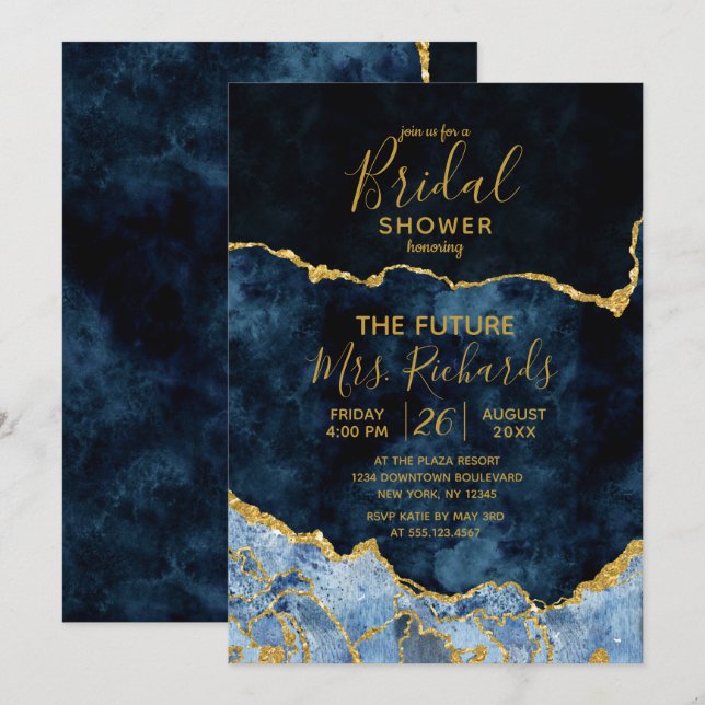Invitation Marine Blue Gold Foil Agate Douche nuptiale Invita (Devant / Derrière)