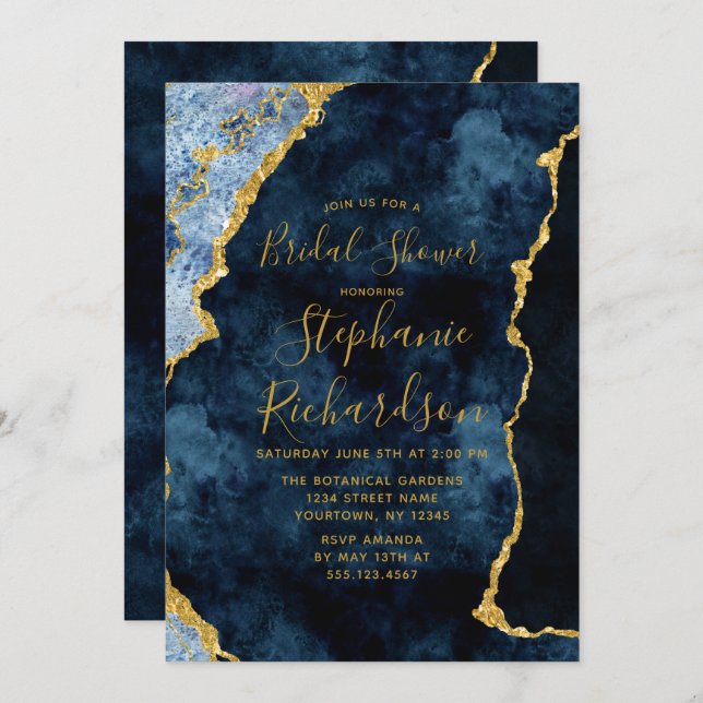 Invitation Marine Blue Gold Foil Agate Douche nuptiale Invita (Devant / Derrière)