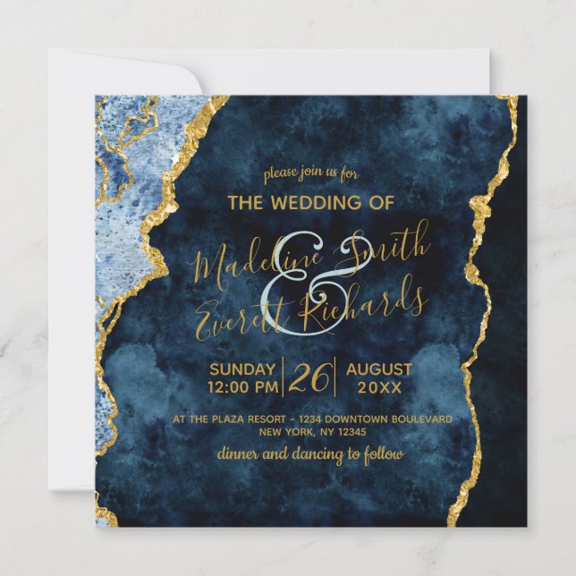 Invitation Marine Blue Gold Foil Agate Gilt Wedding Invitatio (Devant)
