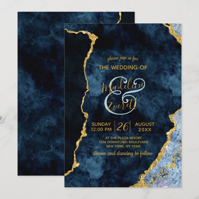 Invitation Marine Blue Gold Foil Agate Gilt Wedding Invitatio (Devant / Derrière)
