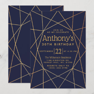 Invitation Marine Blue & Gold Foil Motif géométrique Annivers