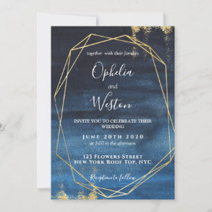 Invitation Marine Blue Gold Frame Elegant Mariage de luxe