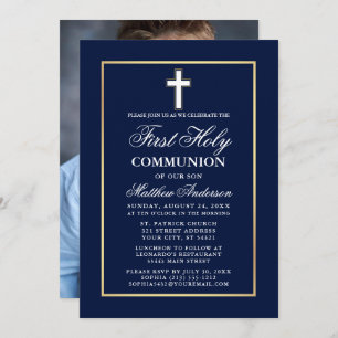 Invitation Marine Blue Gold Frame First Holy Communion Photo