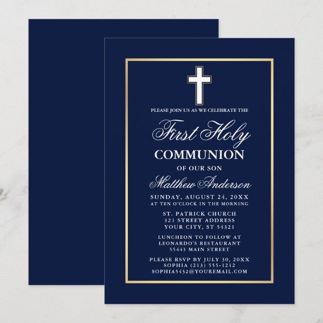 Invitation Marine Blue Gold Frame Première Sainte Communion (Devant / Derrière)