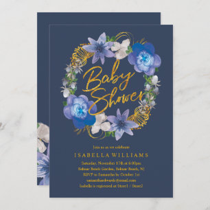 Invitation Marine Blue Gold Hydrangeas Baby shower Floral
