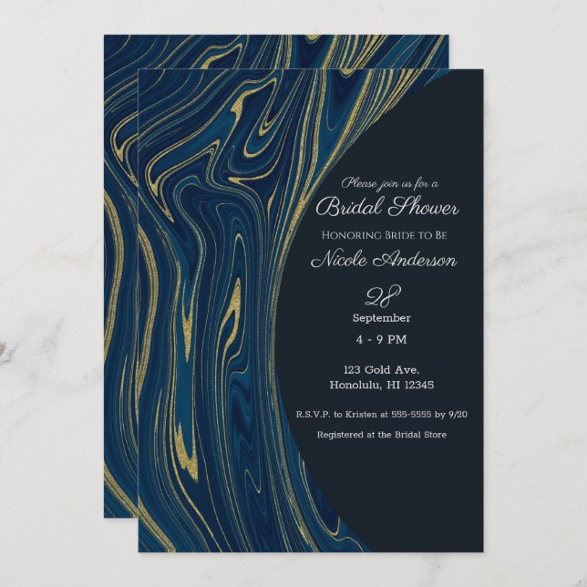 Invitation Marine Blue & Gold Modern Glam Marbre Fête des mar (Devant / Derrière)