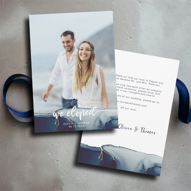 Invitation Marine Blue Gold Moderne Photo Elopement Faire-par (modern beach elopement photo announcement navy blue watercolor elegant bohemian romantic classy)