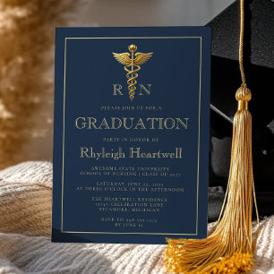 Invitation Marine Blue Gold Nurse RN Graduation Party