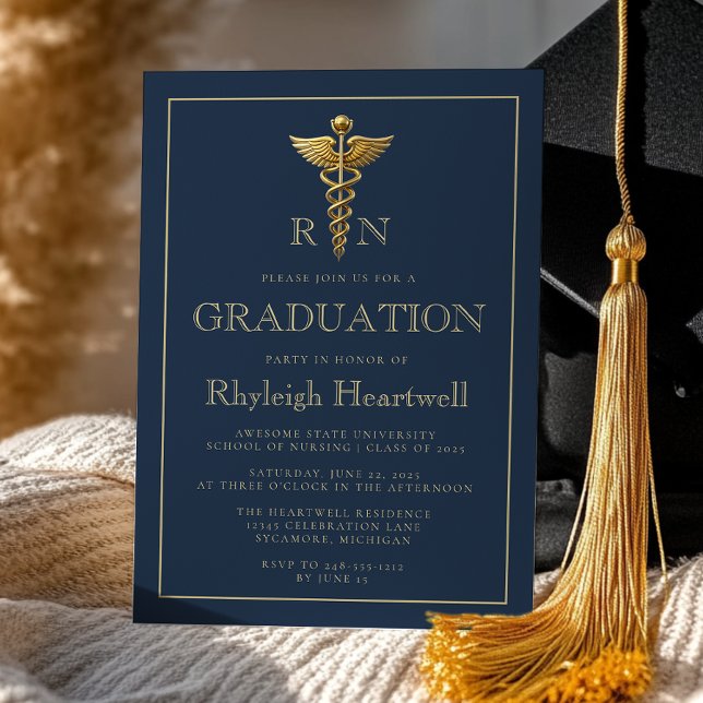 Invitation Marine Blue Gold Nurse RN Graduation Party (Créateur téléchargé)