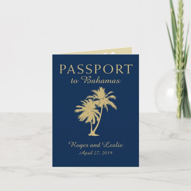 Invitation Marine Blue Gold Palm Tree Bahamas Passport Mariag (Devant)