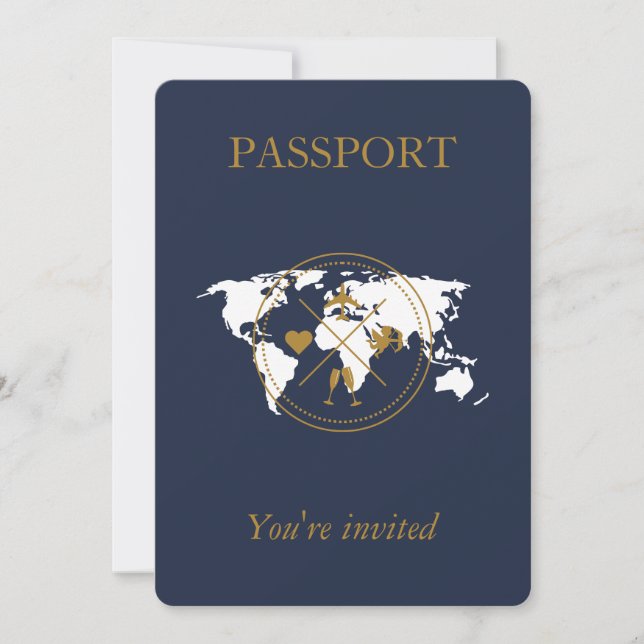 Invitation Marine Blue Gold Passport Destination Mariage Phot (Devant)