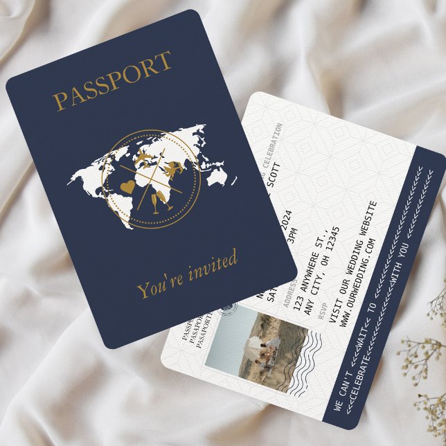 Invitation Marine Blue Gold Passport Destination Mariage Phot (Navy Blue Passport Wedding Invitation)