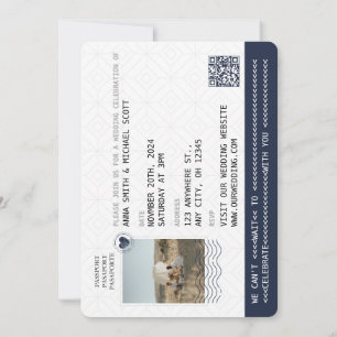 Invitation Marine Blue Gold Passport Destination Mariage QR