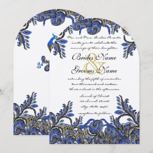 Invitation Marine Blue & Gold Peacock Paisley Wedding Invitat