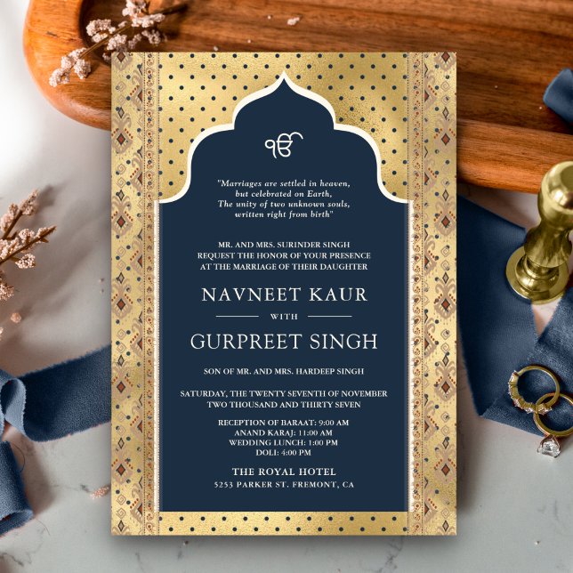 Invitation Marine Blue Gold QR Code Anand Karaj Sikh Mariage (Créateur téléchargé)