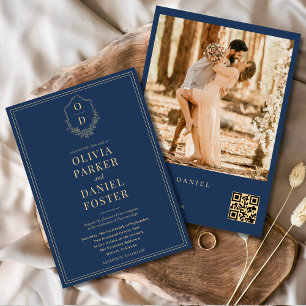Invitation Marine Blue Gold QR Code Crest Photo Mariage