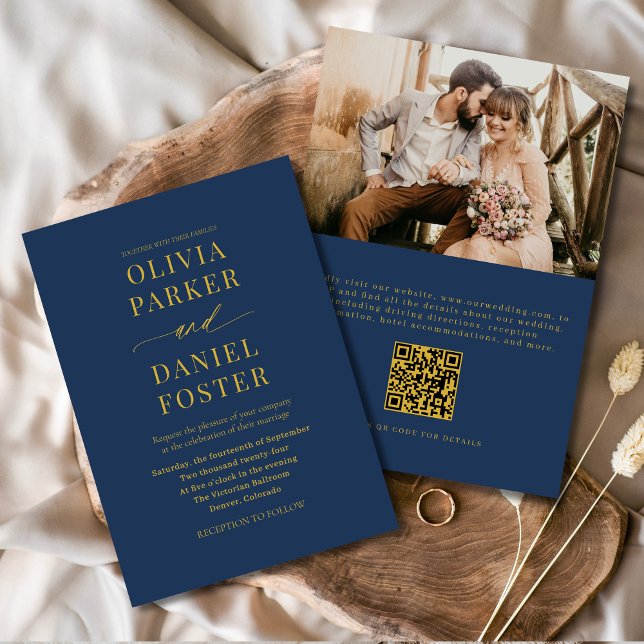 Invitation Marine Blue Gold QR Code Mariage photo classique (Créateur téléchargé)
