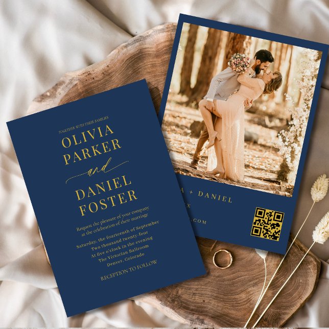 Invitation Marine Blue Gold QR Code Photo Mariage élégant (Créateur téléchargé)