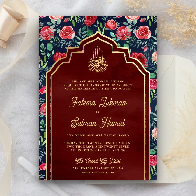 Invitation Marine Blue Gold Red Roses Floral Mariage musulman (Créateur téléchargé)
